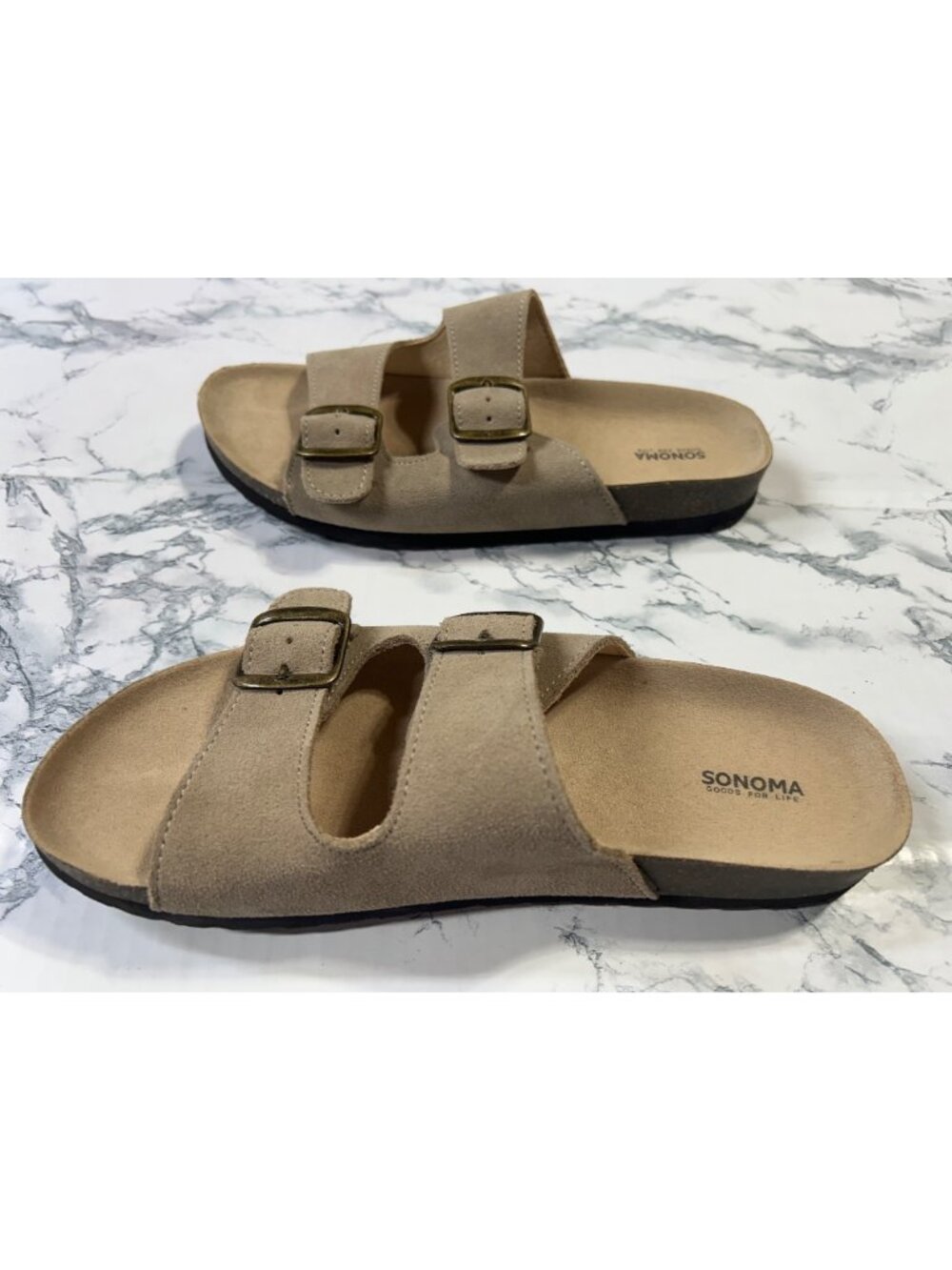 Sonoma Womens Size 9 Taupe Suede Double-Buckle Slide Sandals - Picture 6 of 9